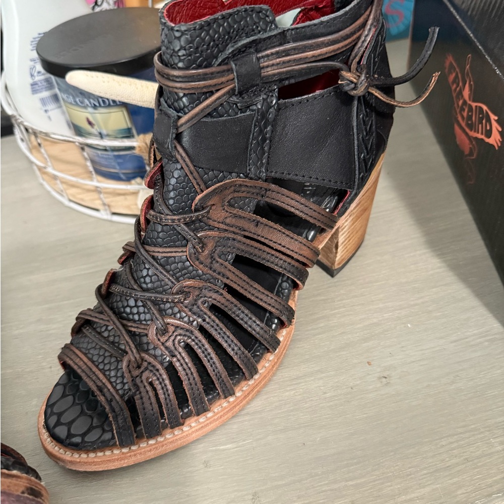 Freebird Black and Brown Strappy Heels